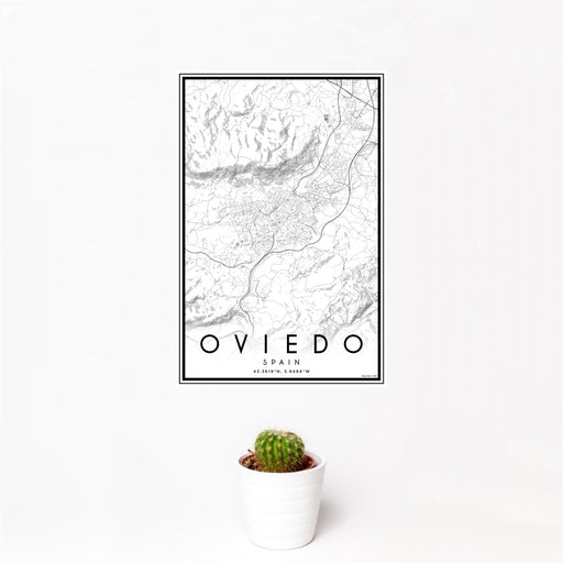 12x18 Oviedo Spain Map Print Portrait Orientation in Classic Style With Small Cactus Plant in White Planter