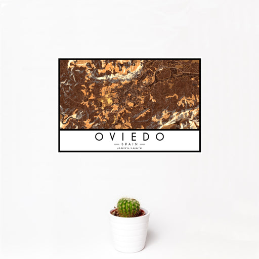 12x18 Oviedo Spain Map Print Landscape Orientation in Ember Style With Small Cactus Plant in White Planter