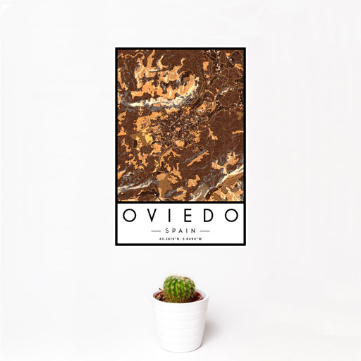 12x18 Oviedo Spain Map Print Portrait Orientation in Ember Style With Small Cactus Plant in White Planter
