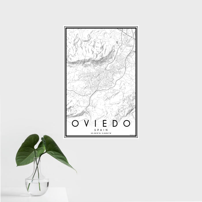 16x24 Oviedo Spain Map Print Portrait Orientation in Classic Style With Tropical Plant Leaves in Water