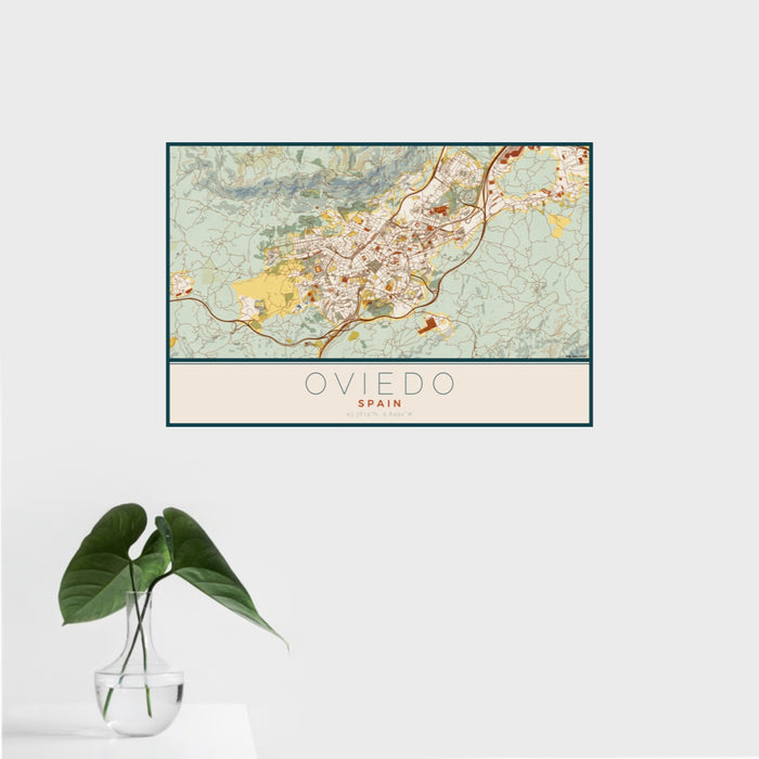 16x24 Oviedo Spain Map Print Landscape Orientation in Woodblock Style With Tropical Plant Leaves in Water