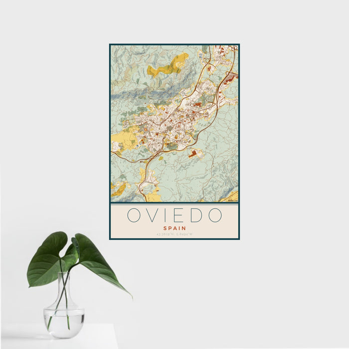16x24 Oviedo Spain Map Print Portrait Orientation in Woodblock Style With Tropical Plant Leaves in Water