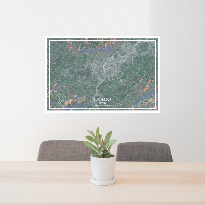 24x36 Oviedo Spain Map Print Lanscape Orientation in Afternoon Style Behind 2 Chairs Table and Potted Plant