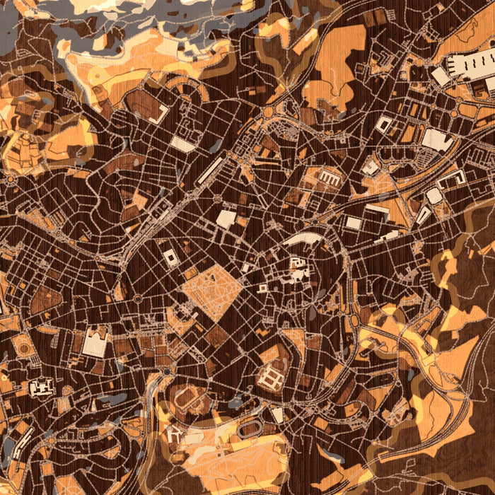 Oviedo Spain Map Print in Ember Style Zoomed In Close Up Showing Details