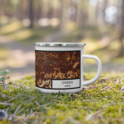 Right View Custom Oviedo Spain Map Enamel Mug in Ember on Grass With Trees in Background