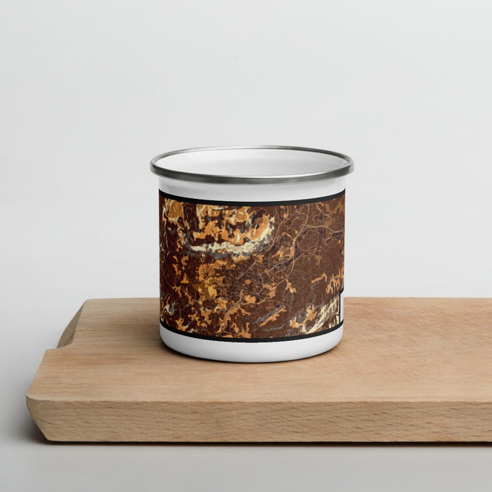 Front View Custom Oviedo Spain Map Enamel Mug in Ember on Cutting Board