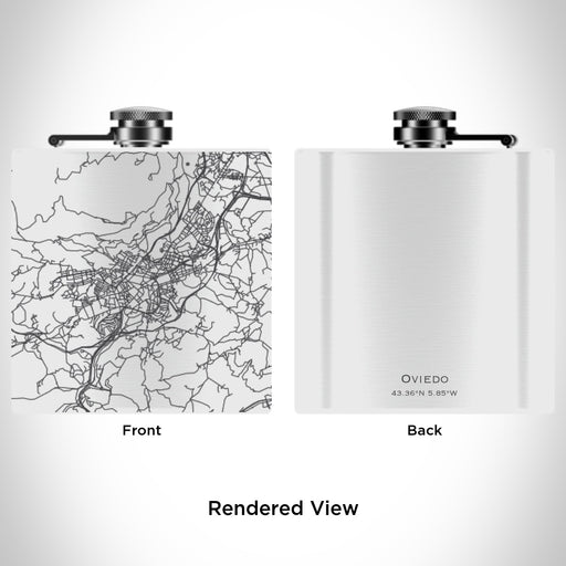 Rendered View of Oviedo Spain Map Engraving on 6oz Stainless Steel Flask in White