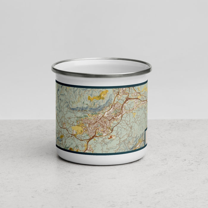 Front View Custom Oviedo Spain Map Enamel Mug in Woodblock