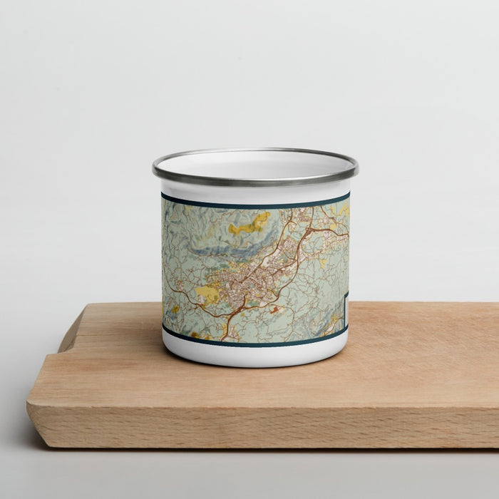 Front View Custom Oviedo Spain Map Enamel Mug in Woodblock on Cutting Board