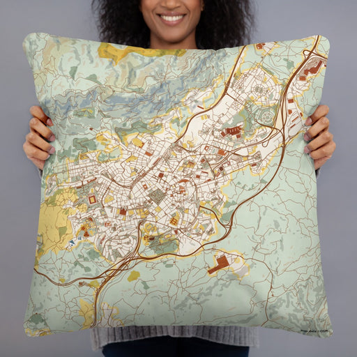 Person holding 22x22 Custom Oviedo Spain Map Throw Pillow in Woodblock