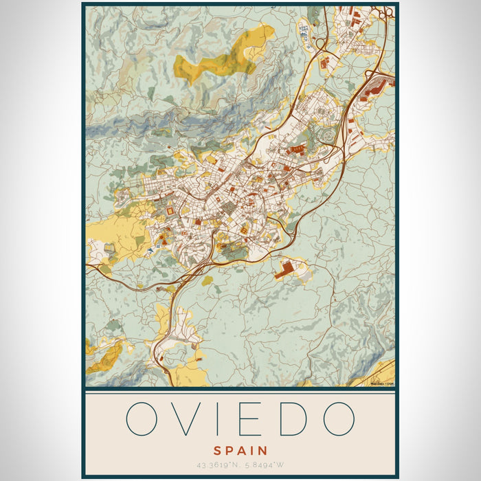 Oviedo Spain Map Print Portrait Orientation in Woodblock Style With Shaded Background