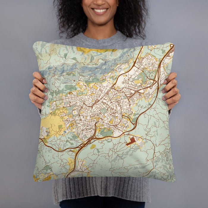 Person holding 18x18 Custom Oviedo Spain Map Throw Pillow in Woodblock