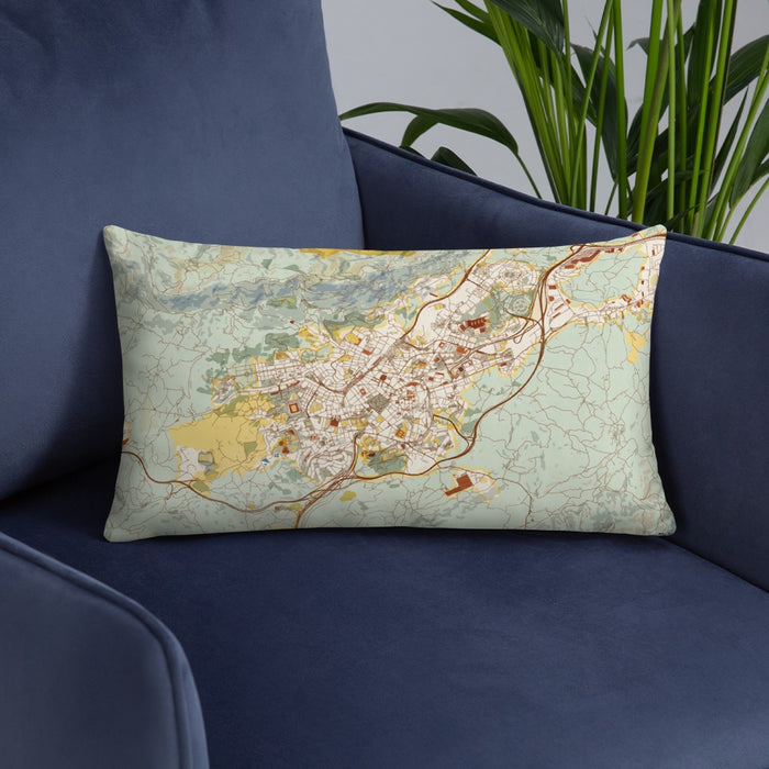 Custom Oviedo Spain Map Throw Pillow in Woodblock on Blue Colored Chair
