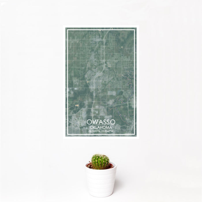12x18 Owasso Oklahoma Map Print Portrait Orientation in Afternoon Style With Small Cactus Plant in White Planter