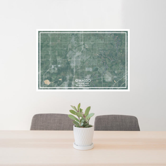24x36 Owasso Oklahoma Map Print Lanscape Orientation in Afternoon Style Behind 2 Chairs Table and Potted Plant