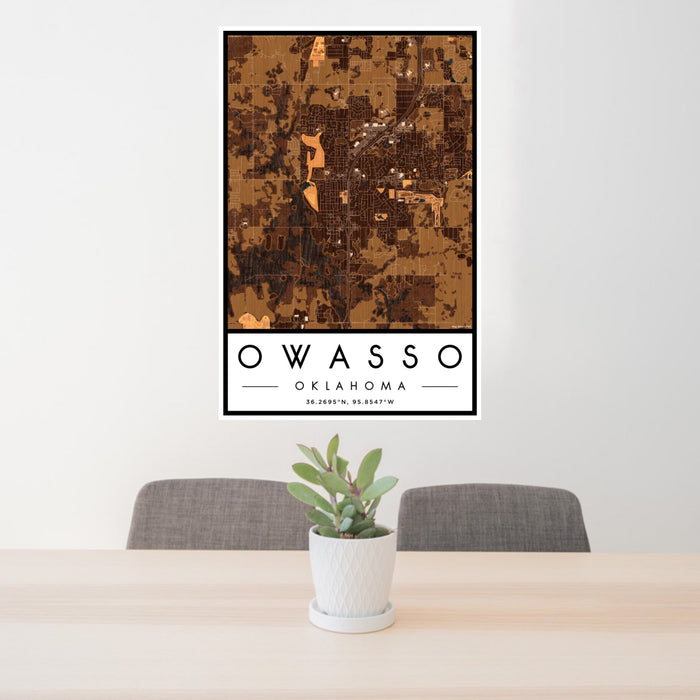 24x36 Owasso Oklahoma Map Print Portrait Orientation in Ember Style Behind 2 Chairs Table and Potted Plant