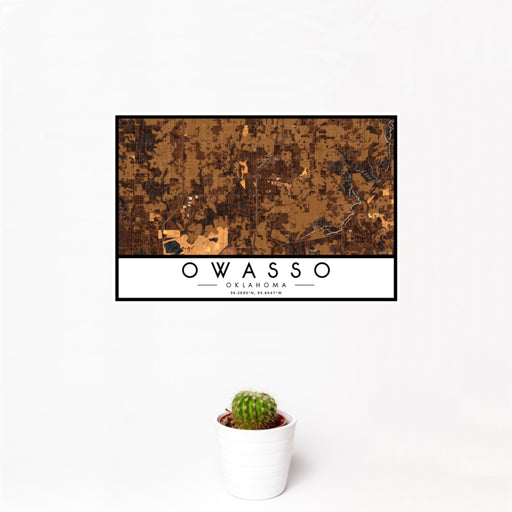 12x18 Owasso Oklahoma Map Print Landscape Orientation in Ember Style With Small Cactus Plant in White Planter
