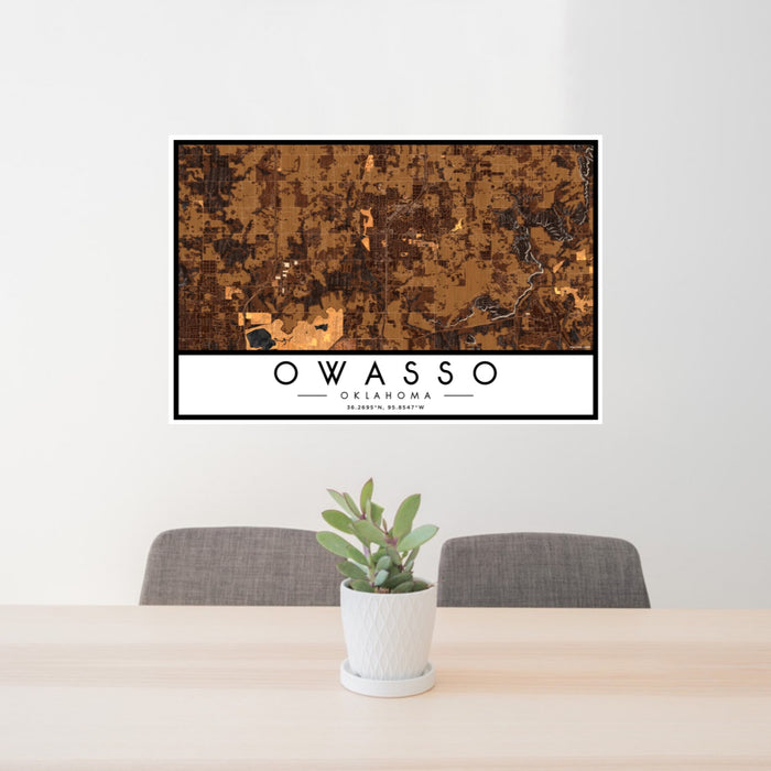24x36 Owasso Oklahoma Map Print Landscape Orientation in Ember Style Behind 2 Chairs Table and Potted Plant