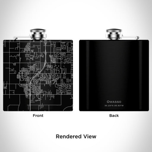 Rendered View of Owasso Oklahoma Map Engraving on 6oz Stainless Steel Flask in Black