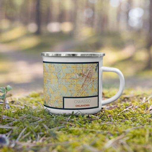 Right View Custom Owasso Oklahoma Map Enamel Mug in Woodblock on Grass With Trees in Background