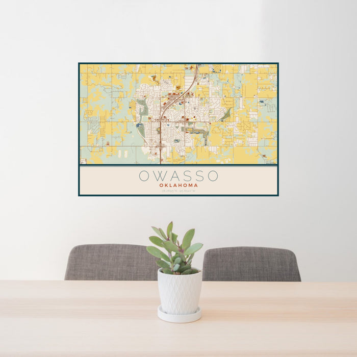 24x36 Owasso Oklahoma Map Print Landscape Orientation in Woodblock Style Behind 2 Chairs Table and Potted Plant