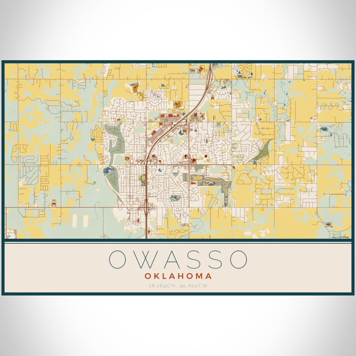 Owasso Oklahoma Map Print Landscape Orientation in Woodblock Style With Shaded Background