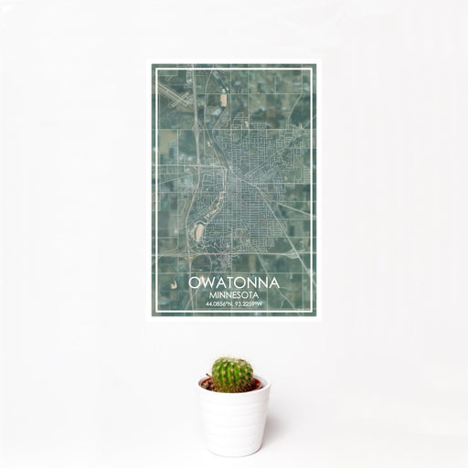 12x18 Owatonna Minnesota Map Print Portrait Orientation in Afternoon Style With Small Cactus Plant in White Planter