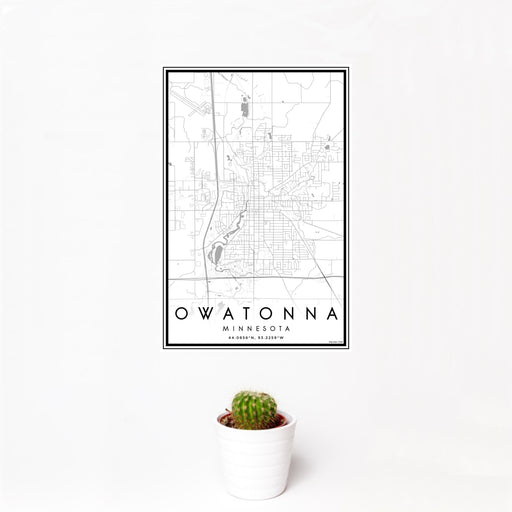 12x18 Owatonna Minnesota Map Print Portrait Orientation in Classic Style With Small Cactus Plant in White Planter