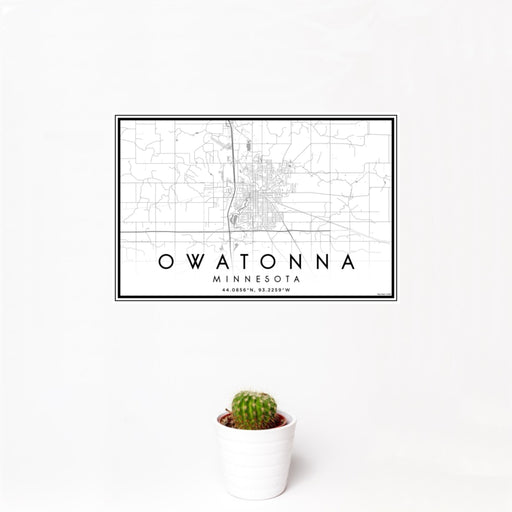 12x18 Owatonna Minnesota Map Print Landscape Orientation in Classic Style With Small Cactus Plant in White Planter