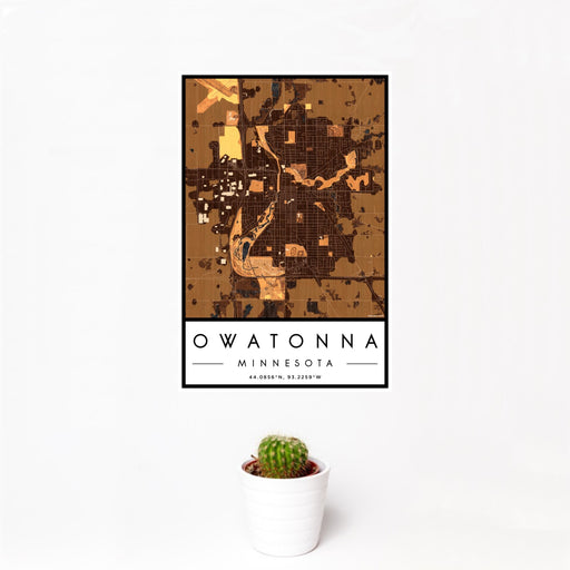 12x18 Owatonna Minnesota Map Print Portrait Orientation in Ember Style With Small Cactus Plant in White Planter