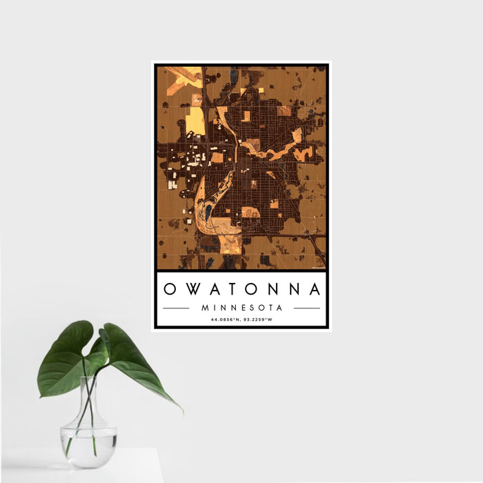 16x24 Owatonna Minnesota Map Print Portrait Orientation in Ember Style With Tropical Plant Leaves in Water