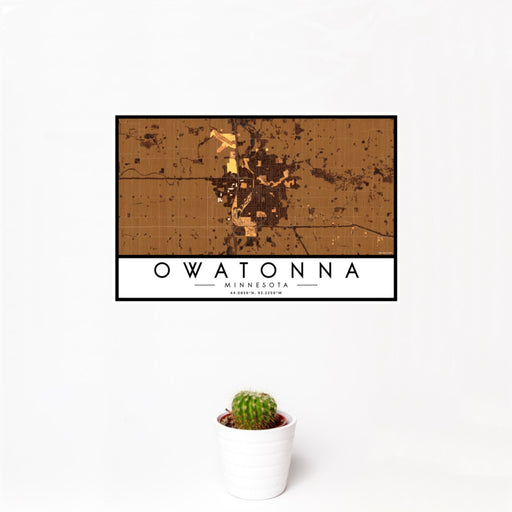 12x18 Owatonna Minnesota Map Print Landscape Orientation in Ember Style With Small Cactus Plant in White Planter