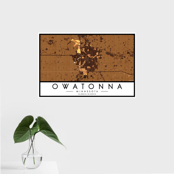 16x24 Owatonna Minnesota Map Print Landscape Orientation in Ember Style With Tropical Plant Leaves in Water