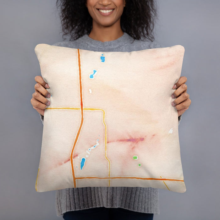 Person holding 18x18 Custom Owatonna Minnesota Map Throw Pillow in Watercolor