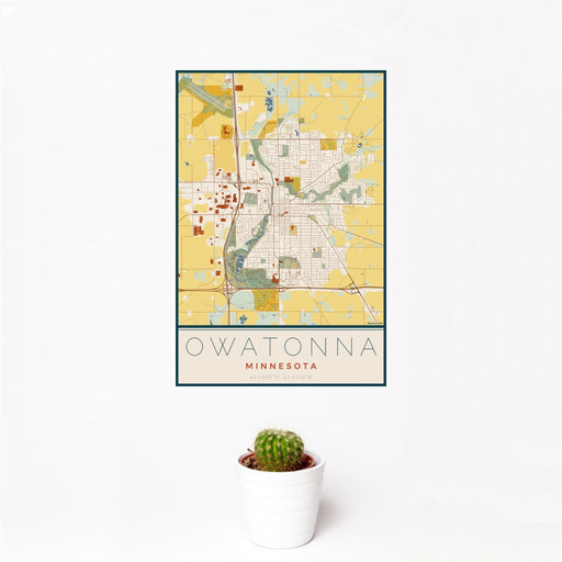 12x18 Owatonna Minnesota Map Print Portrait Orientation in Woodblock Style With Small Cactus Plant in White Planter