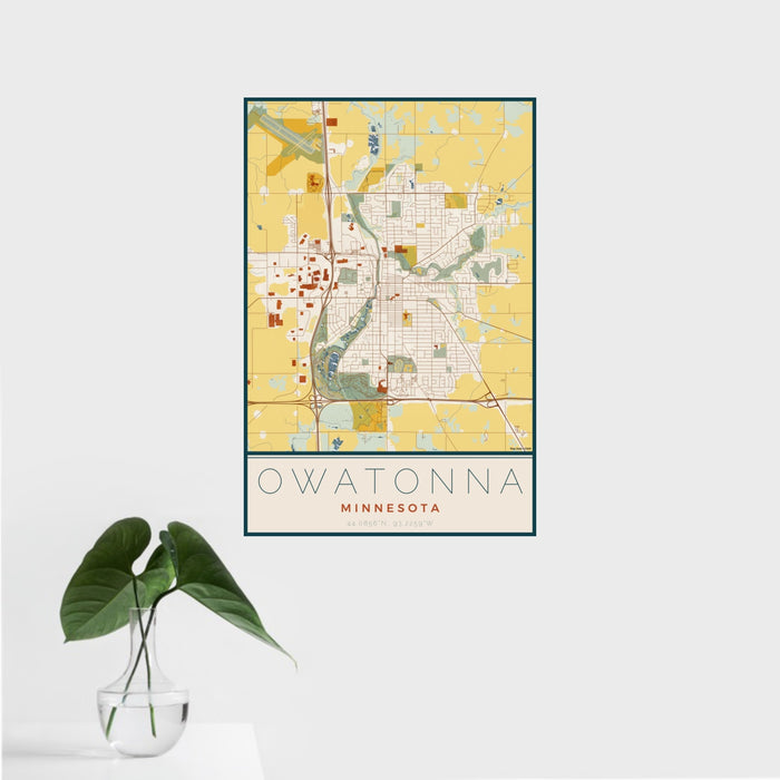 16x24 Owatonna Minnesota Map Print Portrait Orientation in Woodblock Style With Tropical Plant Leaves in Water