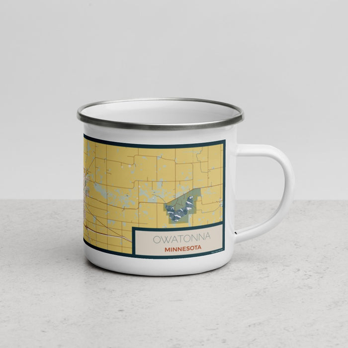 Right View Custom Owatonna Minnesota Map Enamel Mug in Woodblock