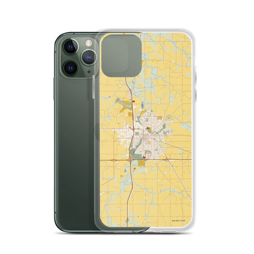 Custom Owatonna Minnesota Map Phone Case in Woodblock on Table with Laptop and Plant