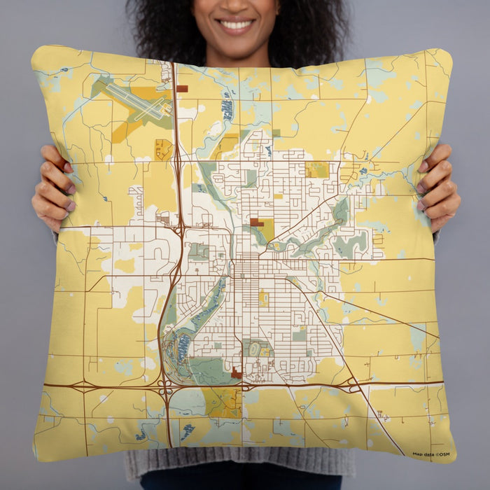 Person holding 22x22 Custom Owatonna Minnesota Map Throw Pillow in Woodblock