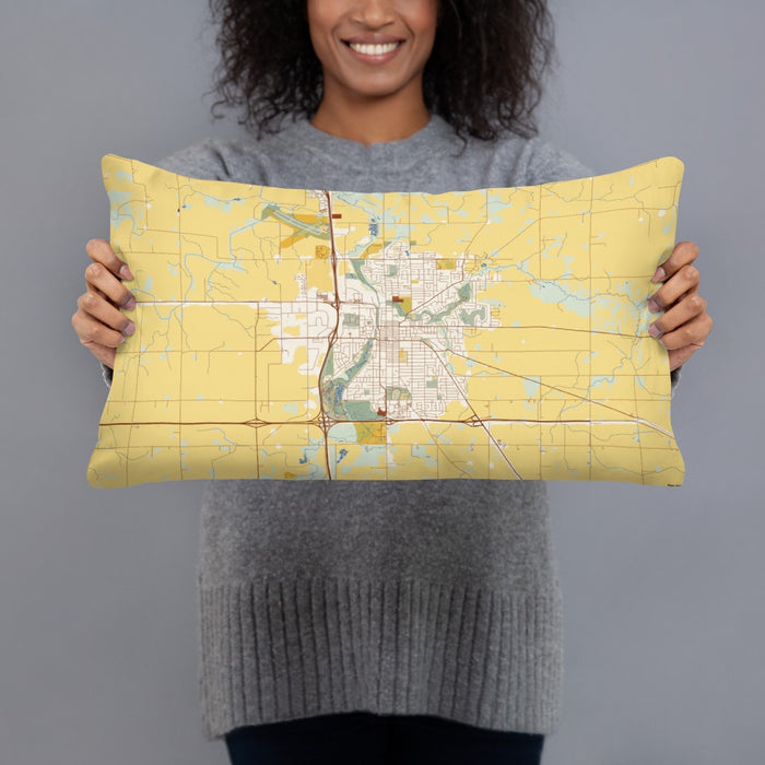 Person holding 20x12 Custom Owatonna Minnesota Map Throw Pillow in Woodblock