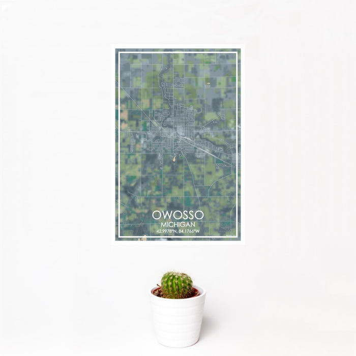 12x18 Owosso Michigan Map Print Portrait Orientation in Afternoon Style With Small Cactus Plant in White Planter