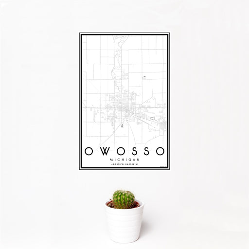 12x18 Owosso Michigan Map Print Portrait Orientation in Classic Style With Small Cactus Plant in White Planter