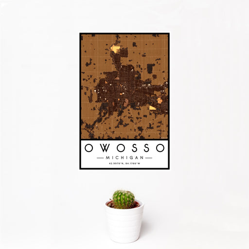12x18 Owosso Michigan Map Print Portrait Orientation in Ember Style With Small Cactus Plant in White Planter