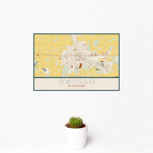 12x18 Owosso Michigan Map Print Landscape Orientation in Woodblock Style With Small Cactus Plant in White Planter