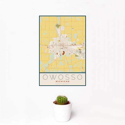 12x18 Owosso Michigan Map Print Portrait Orientation in Woodblock Style With Small Cactus Plant in White Planter