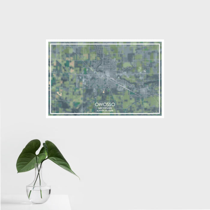 16x24 Owosso Michigan Map Print Landscape Orientation in Afternoon Style With Tropical Plant Leaves in Water
