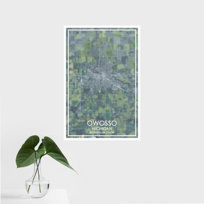 16x24 Owosso Michigan Map Print Portrait Orientation in Afternoon Style With Tropical Plant Leaves in Water