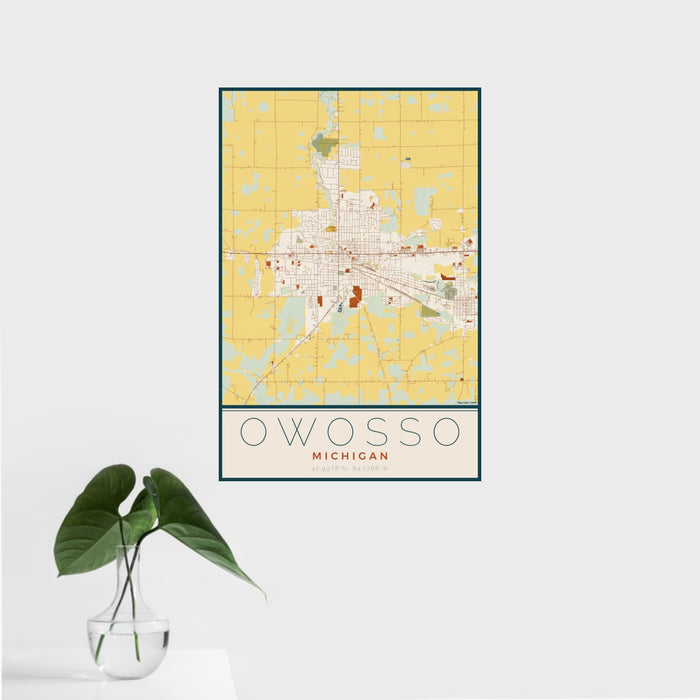 16x24 Owosso Michigan Map Print Portrait Orientation in Woodblock Style With Tropical Plant Leaves in Water