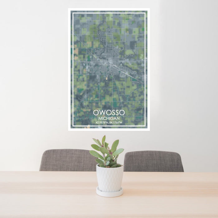 24x36 Owosso Michigan Map Print Portrait Orientation in Afternoon Style Behind 2 Chairs Table and Potted Plant
