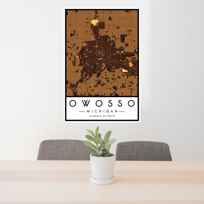 24x36 Owosso Michigan Map Print Portrait Orientation in Ember Style Behind 2 Chairs Table and Potted Plant